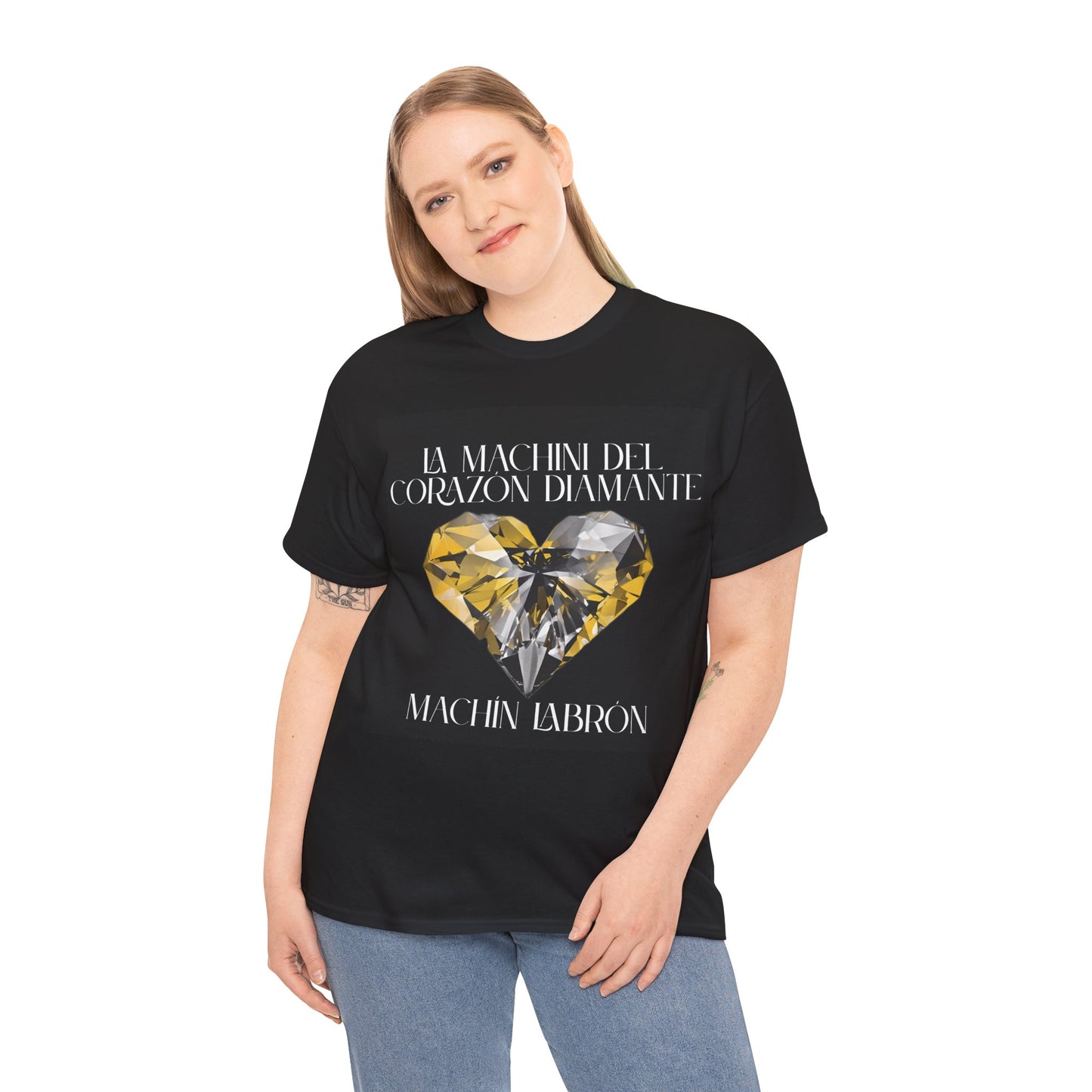Machin Labrón T-shirt – Spiritual oracle phrase – Mystical fashion 2025/Diamante Heart Graphic Tee, Unisex Cotton T-Shirt, Gift for Music Lovers, Inspirational Quote Shirt, Casual Wear