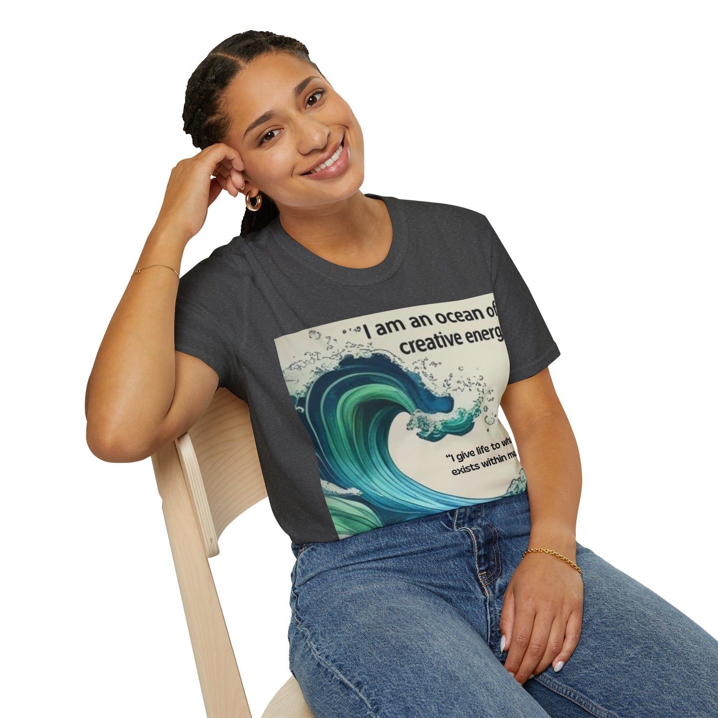 Camiseta energética mujer | Soy un océano de energía creativa | Ropa espiritual positiva Creative Energy Ocean Waves T-Shirt | Artistic Quote Tee | Inspirational Gift for Dreamers, Art Lovers, Relaxed Vibes, Beachwear