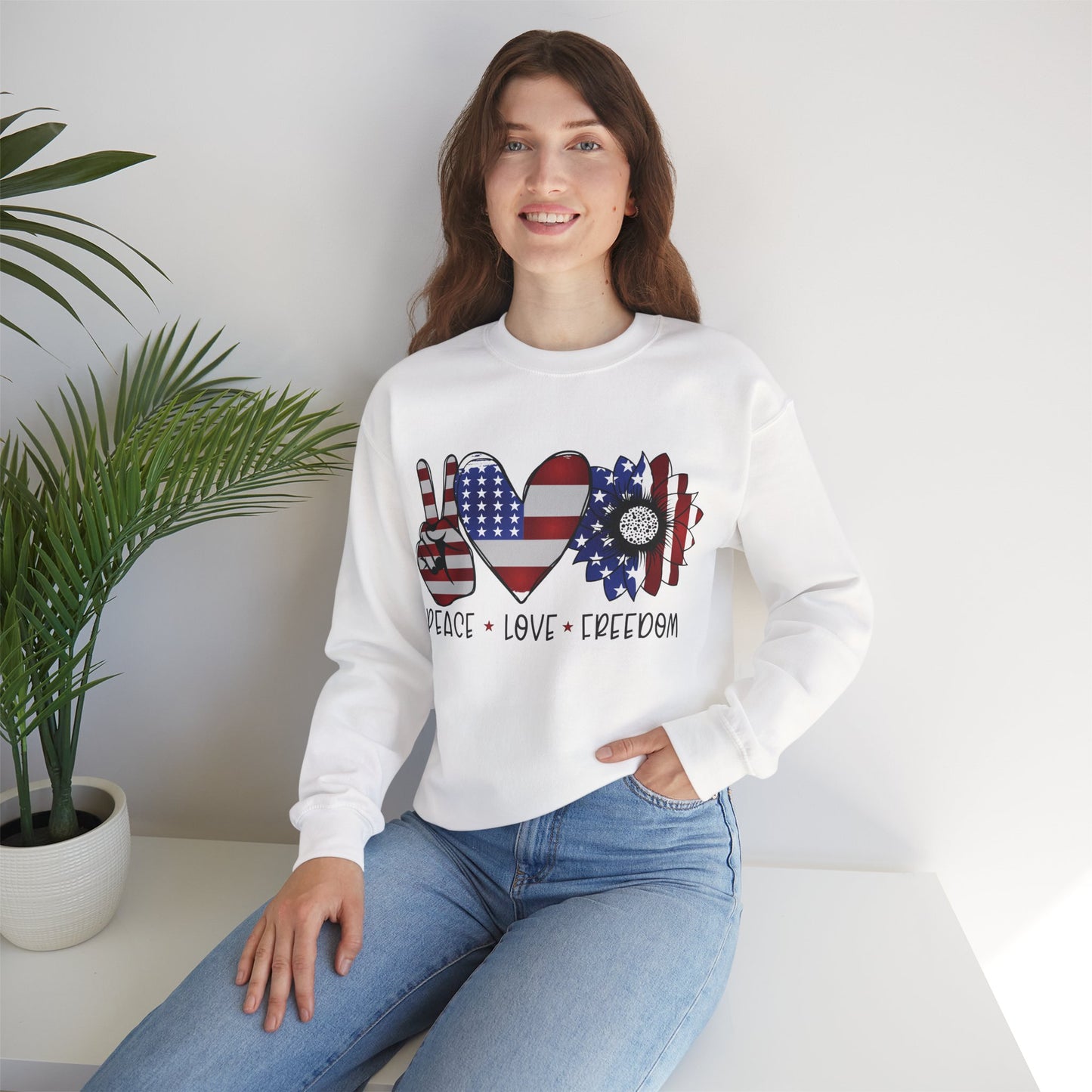 Peace, Love, Freedom Sweatshirt – Unisex Patriotic Crewneck for USA Style - Constellia Group