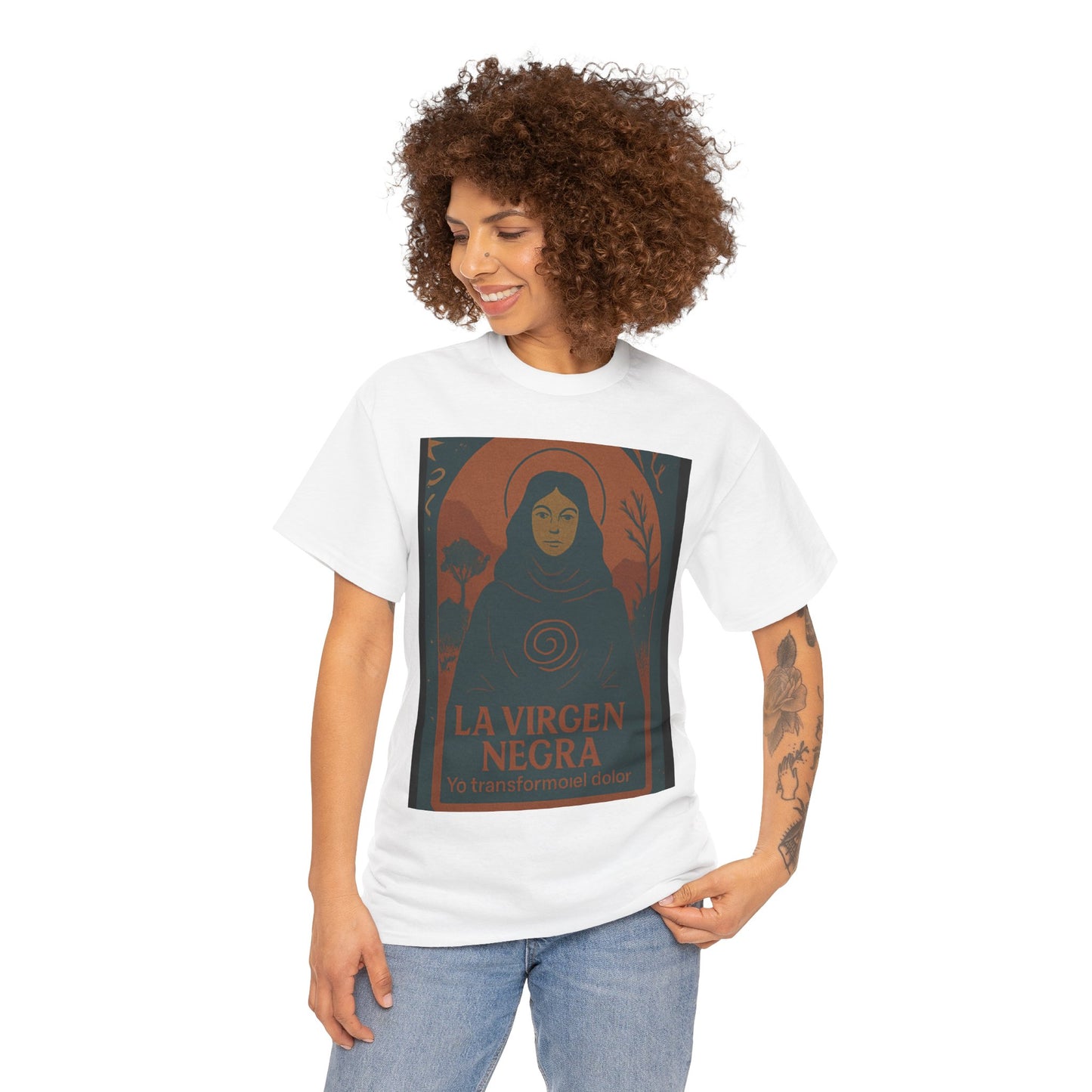 The Black Virgin, Spiritual Oracle Phrase – Mystical Fashion 2025- Unisex Heavy Cotton Tee, Spiritual T-Shirt, Gift for Her, Inspirational Tee, Religious Apparel, Casual Wear