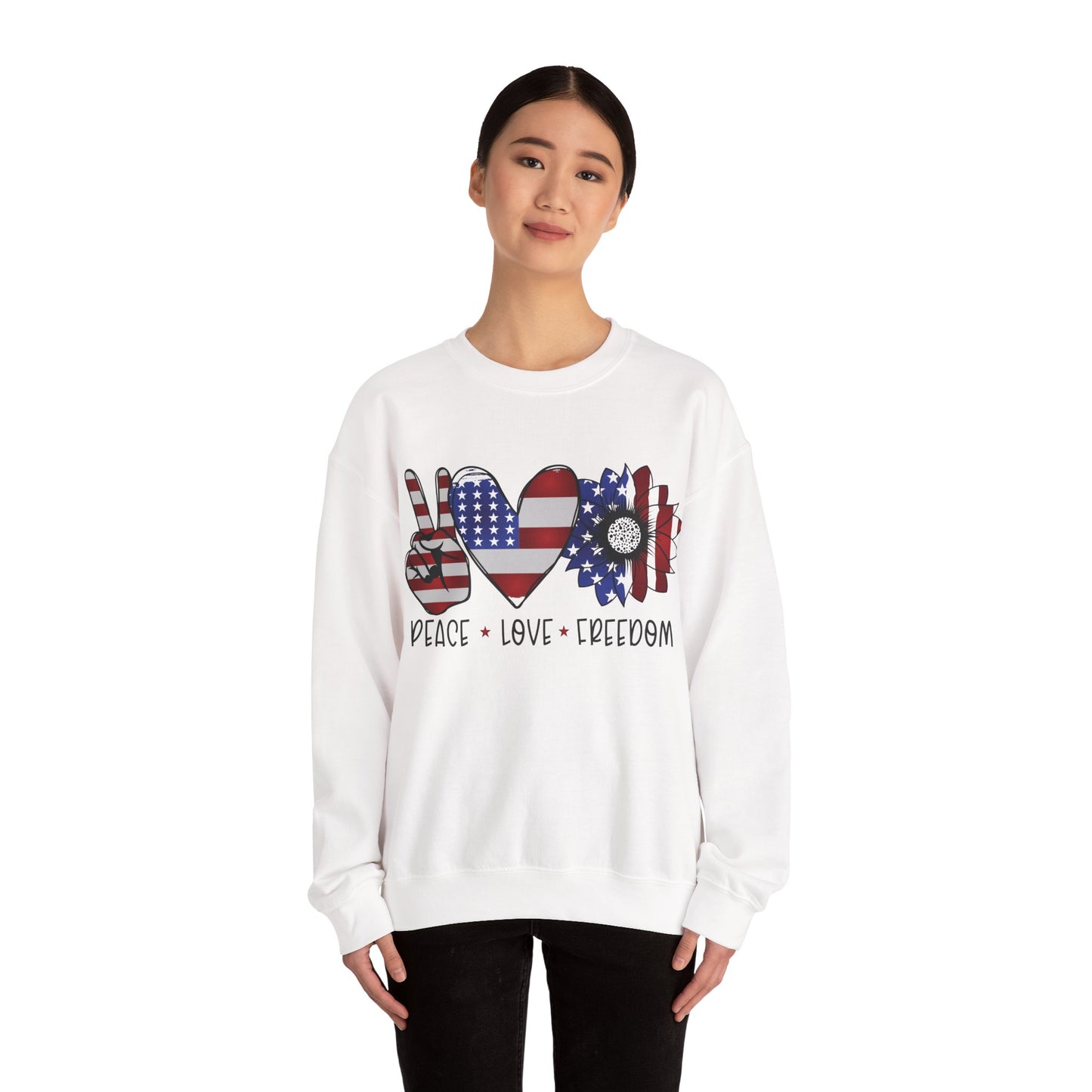 Peace, Love, Freedom Sweatshirt – Unisex Patriotic Crewneck for USA Style - Constellia Group