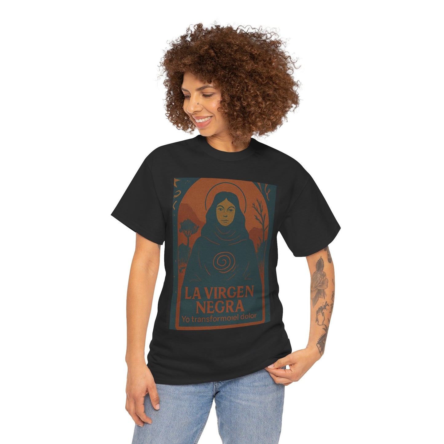 The Black Virgin, Spiritual Oracle Phrase – Mystical Fashion 2025- Unisex Heavy Cotton Tee, Spiritual T-Shirt, Gift for Her, Inspirational Tee, Religious Apparel, Casual Wear