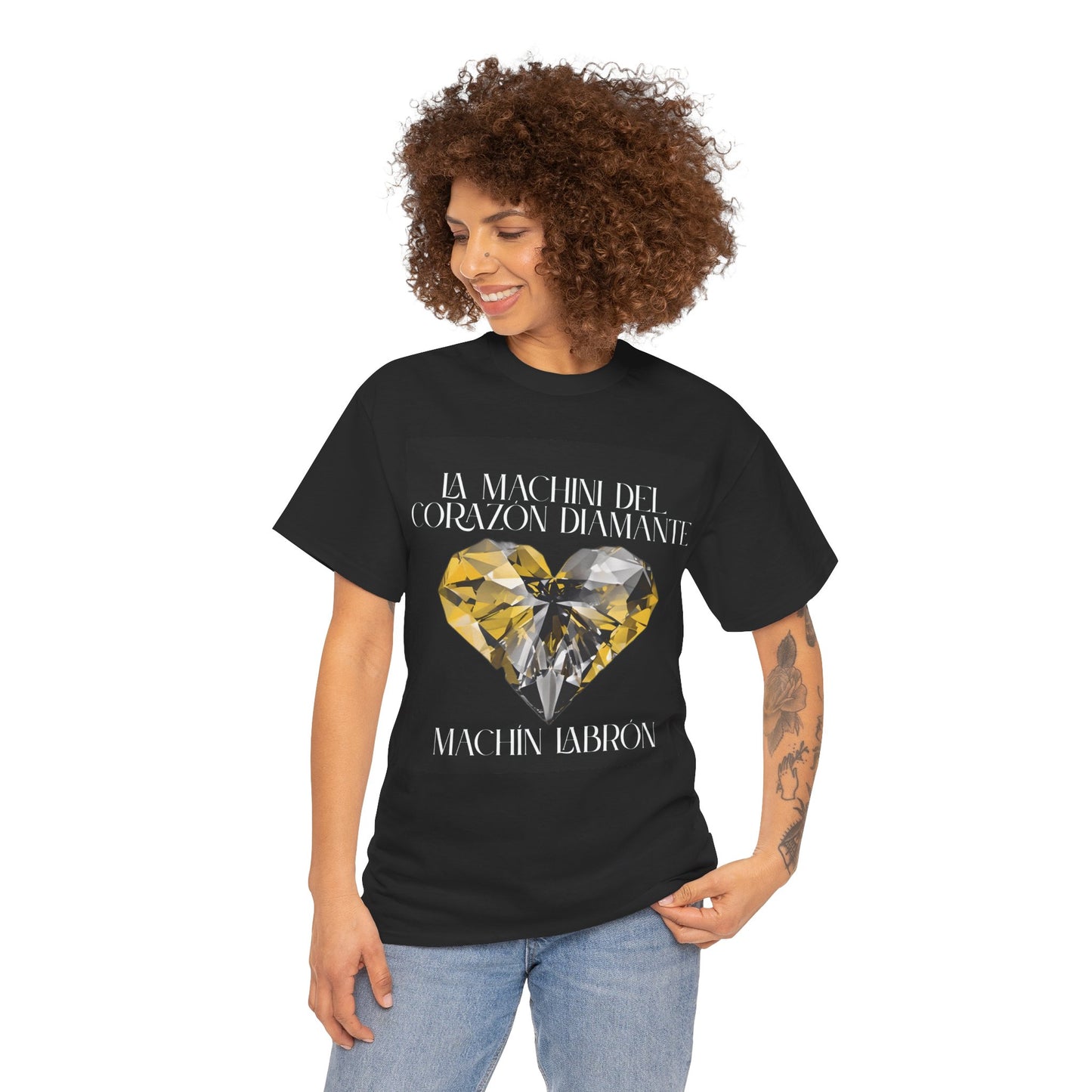 Machin Labrón T-shirt – Spiritual oracle phrase – Mystical fashion 2025/Diamante Heart Graphic Tee, Unisex Cotton T-Shirt, Gift for Music Lovers, Inspirational Quote Shirt, Casual Wear