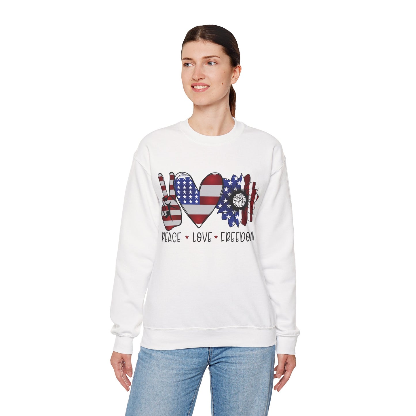 Peace, Love, Freedom Sweatshirt – Unisex Patriotic Crewneck for USA Style - Constellia Group