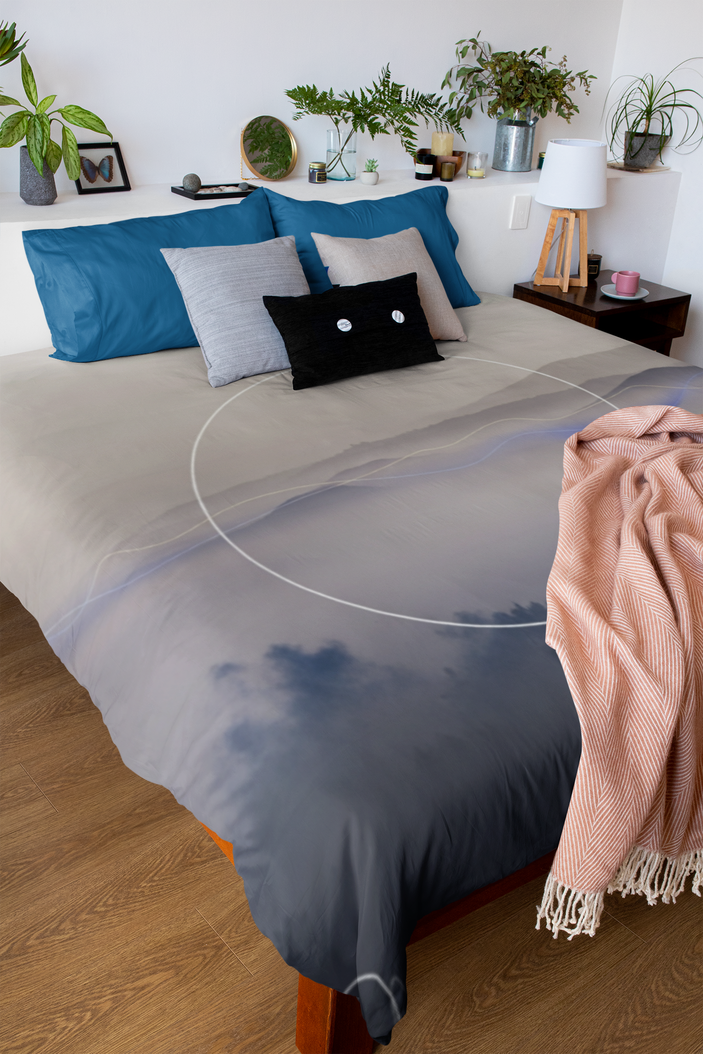 Cotton Duvet Cover — Serene Mist Mountain Landscape with Minimal Circle Accent