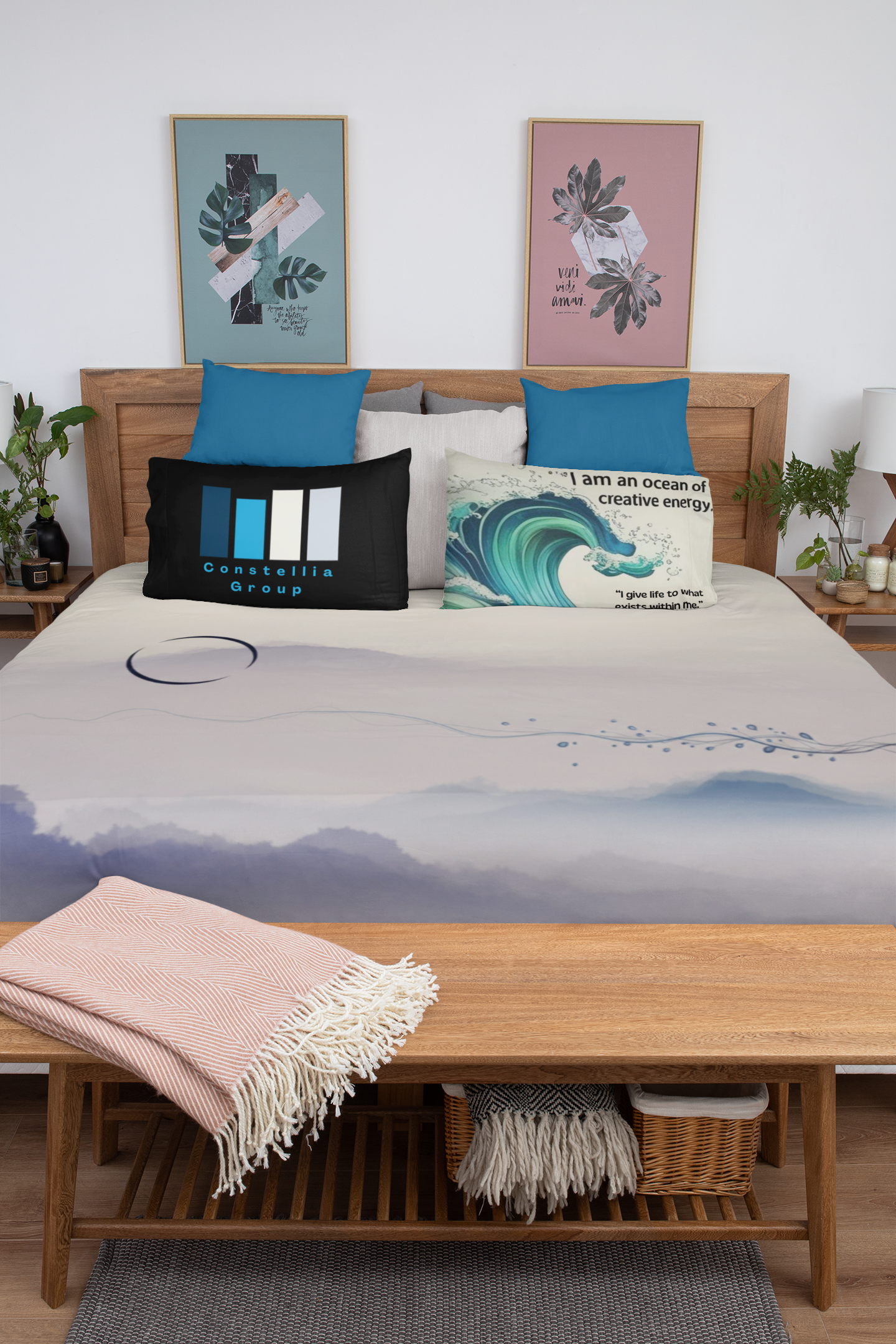 Cotton Duvet Cover — Serene Mist Mountain Landscape with Minimal Circle Accent