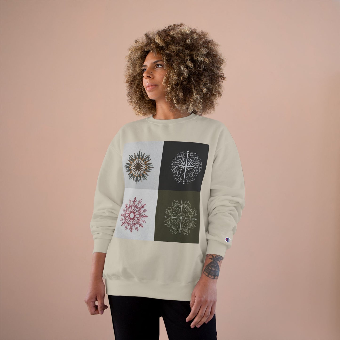 Mandala Grid Champion Sweatshirt – Boho Floral Sunburst Crewneck