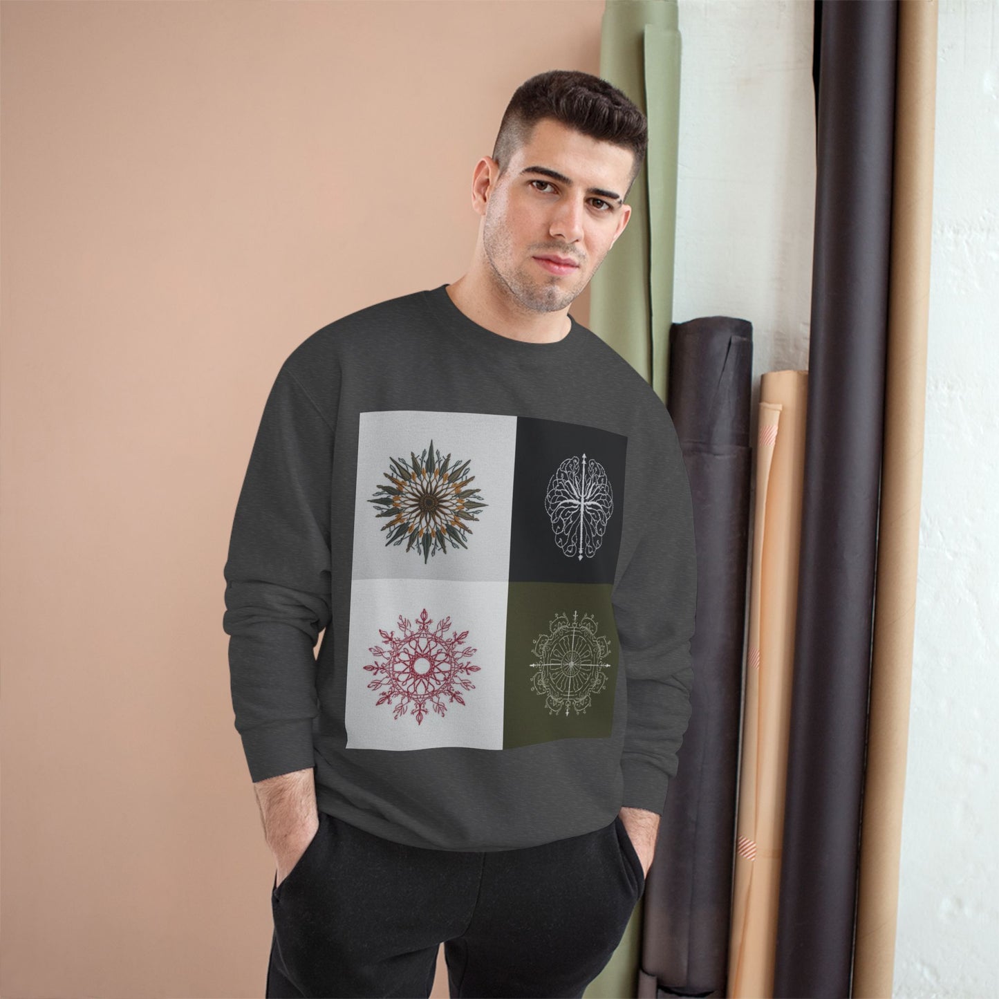 Mandala Grid Champion Sweatshirt – Boho Floral Sunburst Crewneck