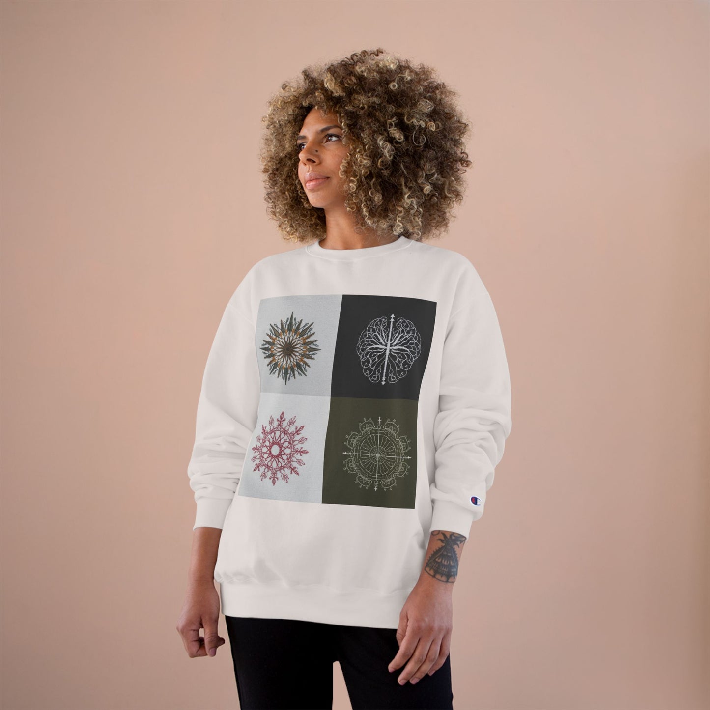 Mandala Grid Champion Sweatshirt – Boho Floral Sunburst Crewneck