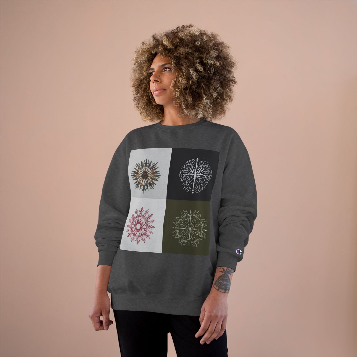 Mandala Grid Champion Sweatshirt – Boho Floral Sunburst Crewneck