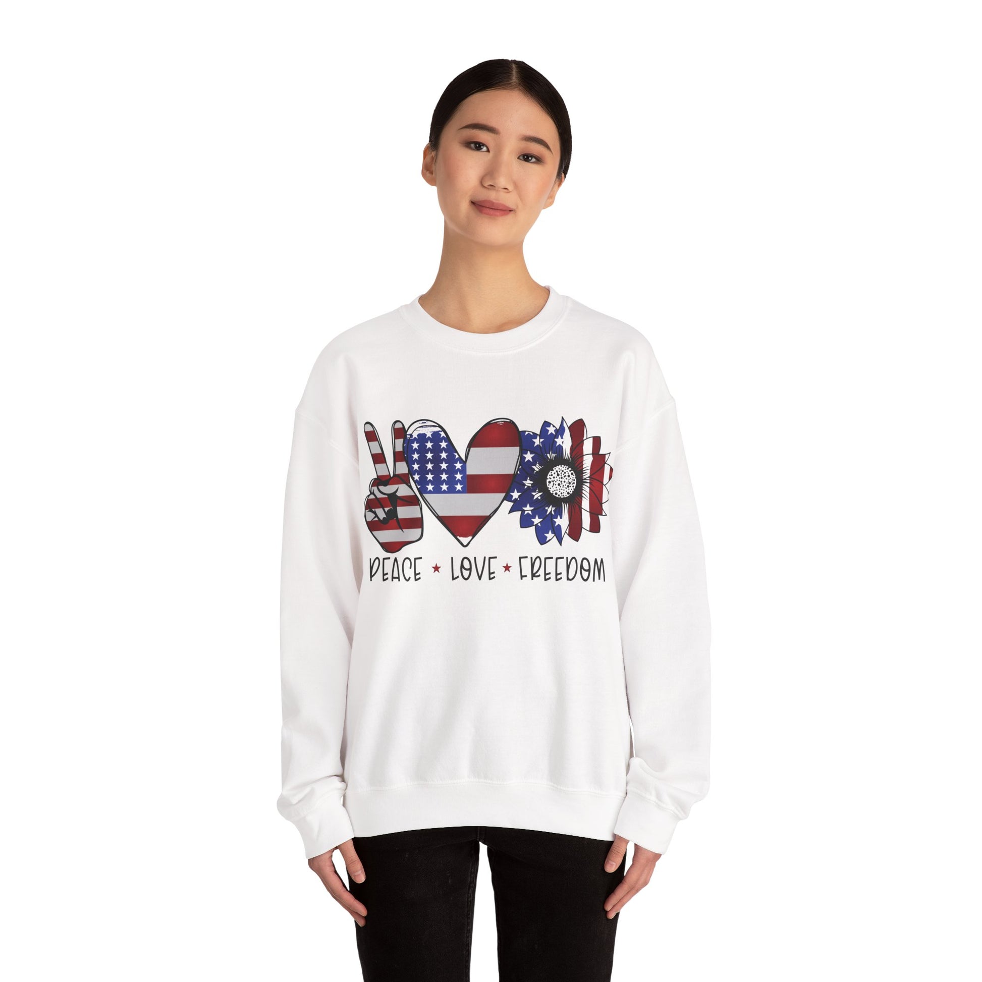 Peace, Love, Freedom Sweatshirt – Unisex Patriotic Crewneck for USA Style - Constellia Group