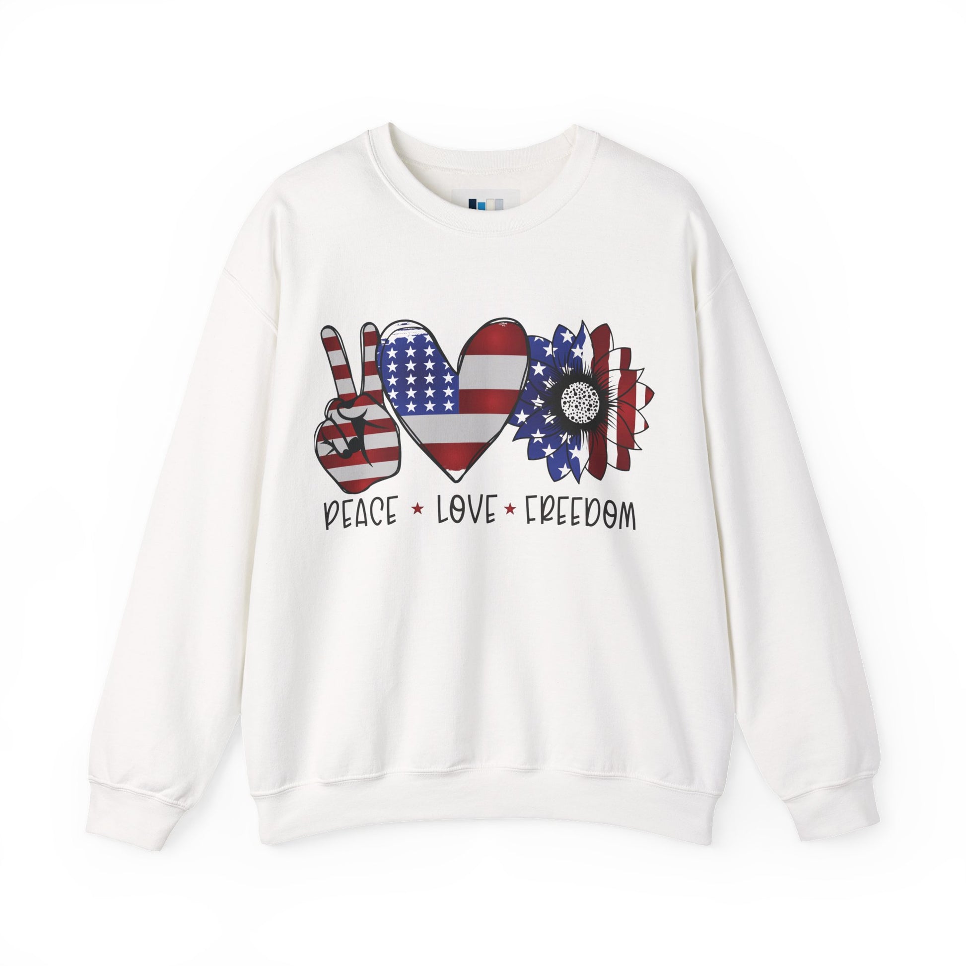 Peace, Love, Freedom Sweatshirt – Unisex Patriotic Crewneck for USA Style - Constellia Group