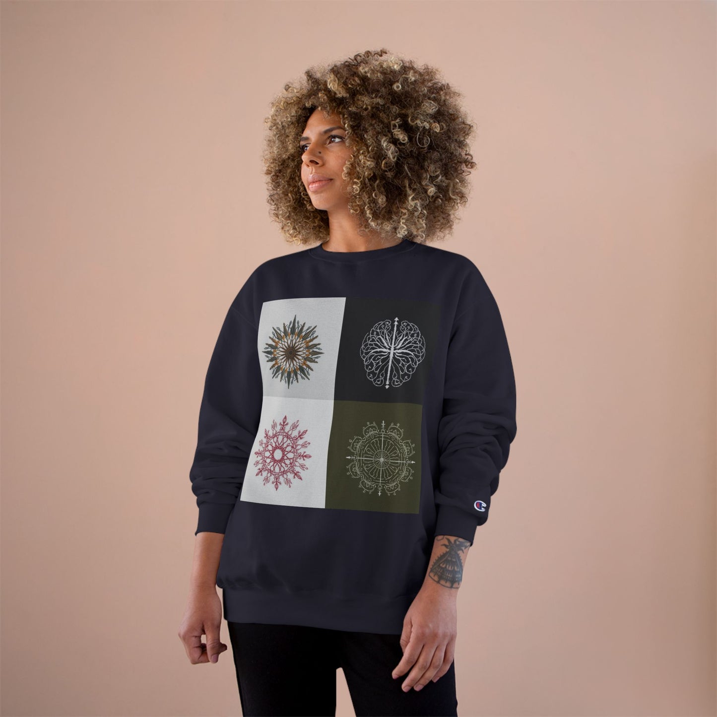 Mandala Grid Champion Sweatshirt – Boho Floral Sunburst Crewneck