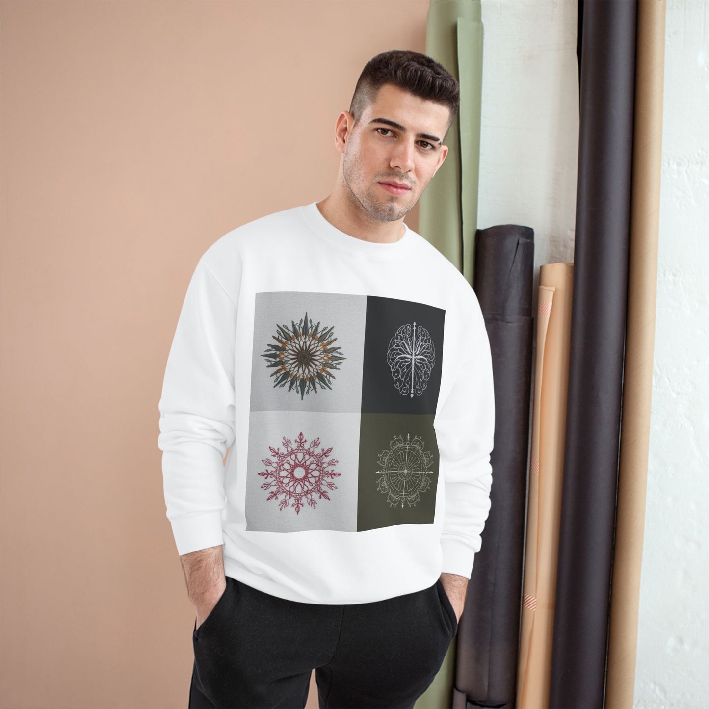 Mandala Grid Champion Sweatshirt – Boho Floral Sunburst Crewneck
