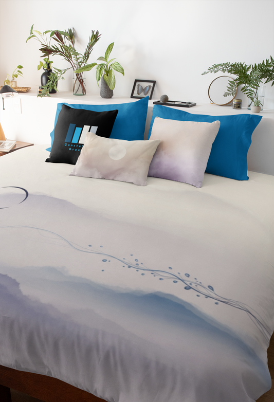 Cotton Duvet Cover — Serene Mist Mountain Landscape with Minimal Circle Accent