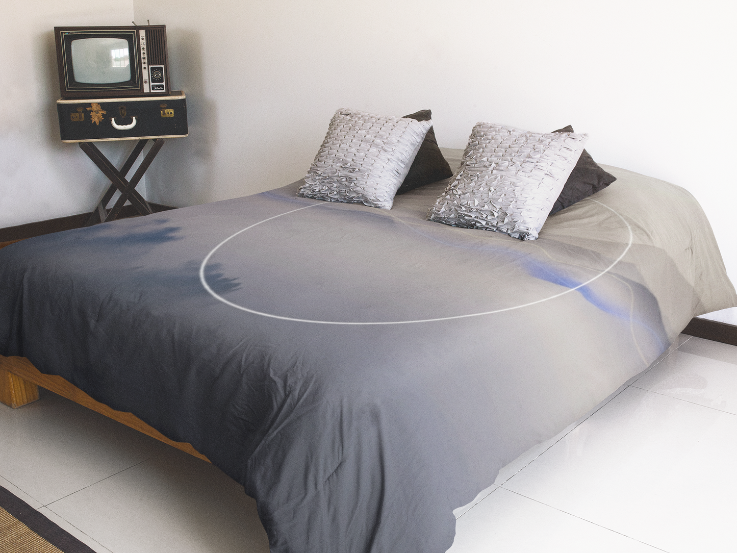 Cotton Duvet Cover — Serene Mist Mountain Landscape with Minimal Circle Accent